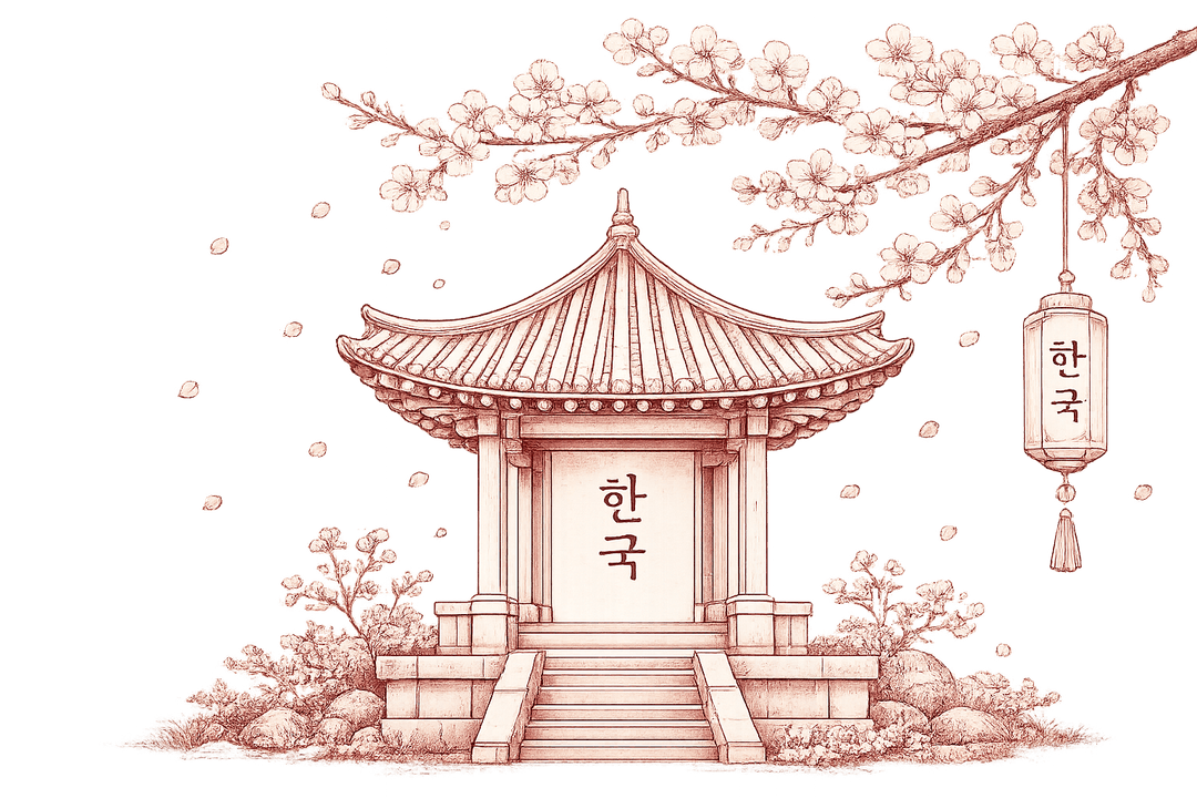 Korean traditional pavilion with cherry blossoms and lantern